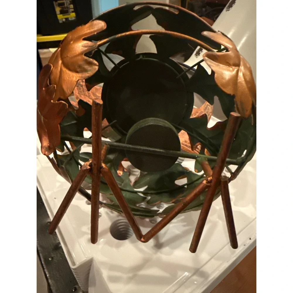 Pier 1 Autumn Metal Owl Tea Light Candle Holder Copper Oak Leaf Fall Decor